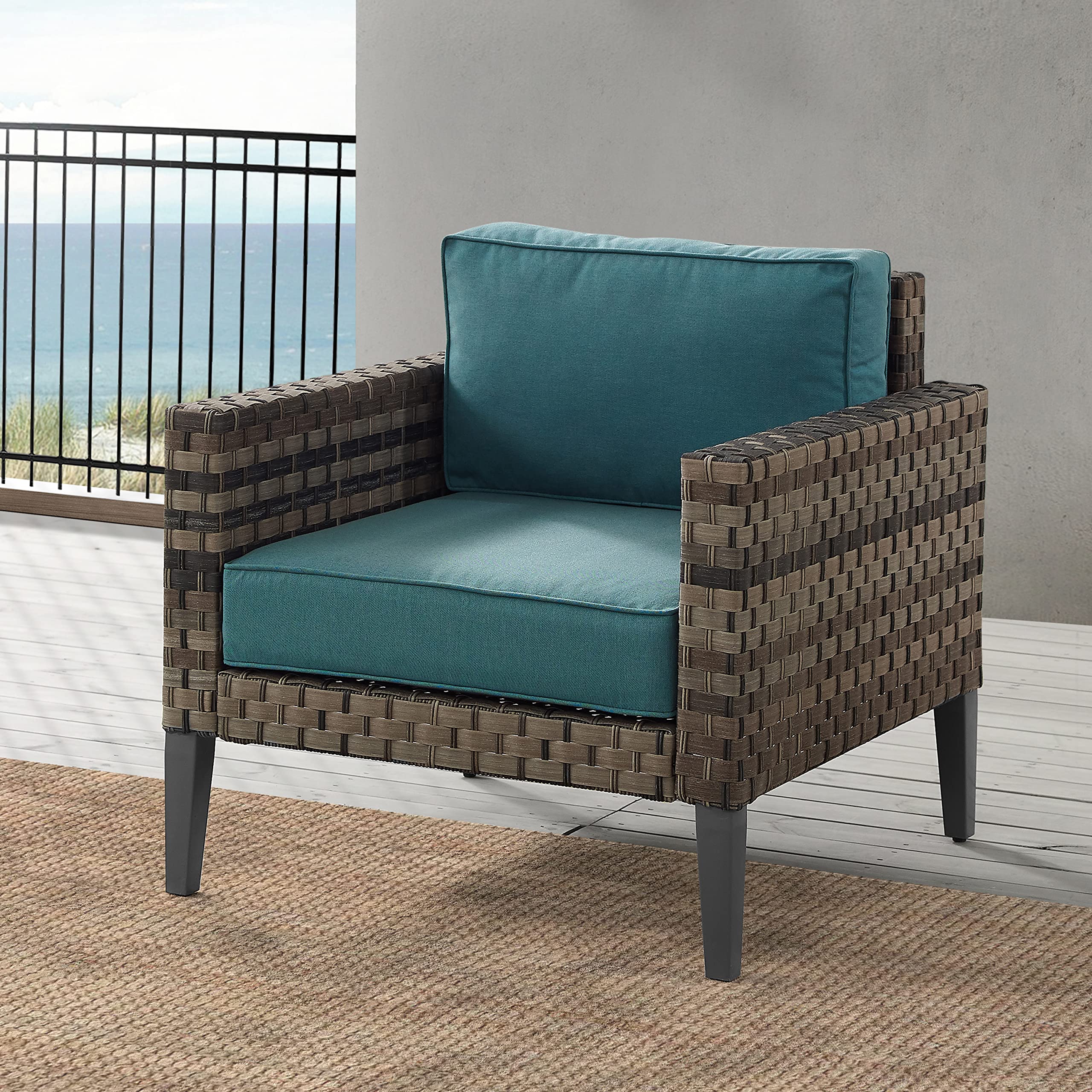 Crosley Prescott Outdoor Wicker Patio Chair with Mineral Blue Cushions - Brown All-Weather Furniture for Porch, Deck, Balcony & Backyard - Perfect for Relaxing, Sunbathing & Outdoor Entertaining