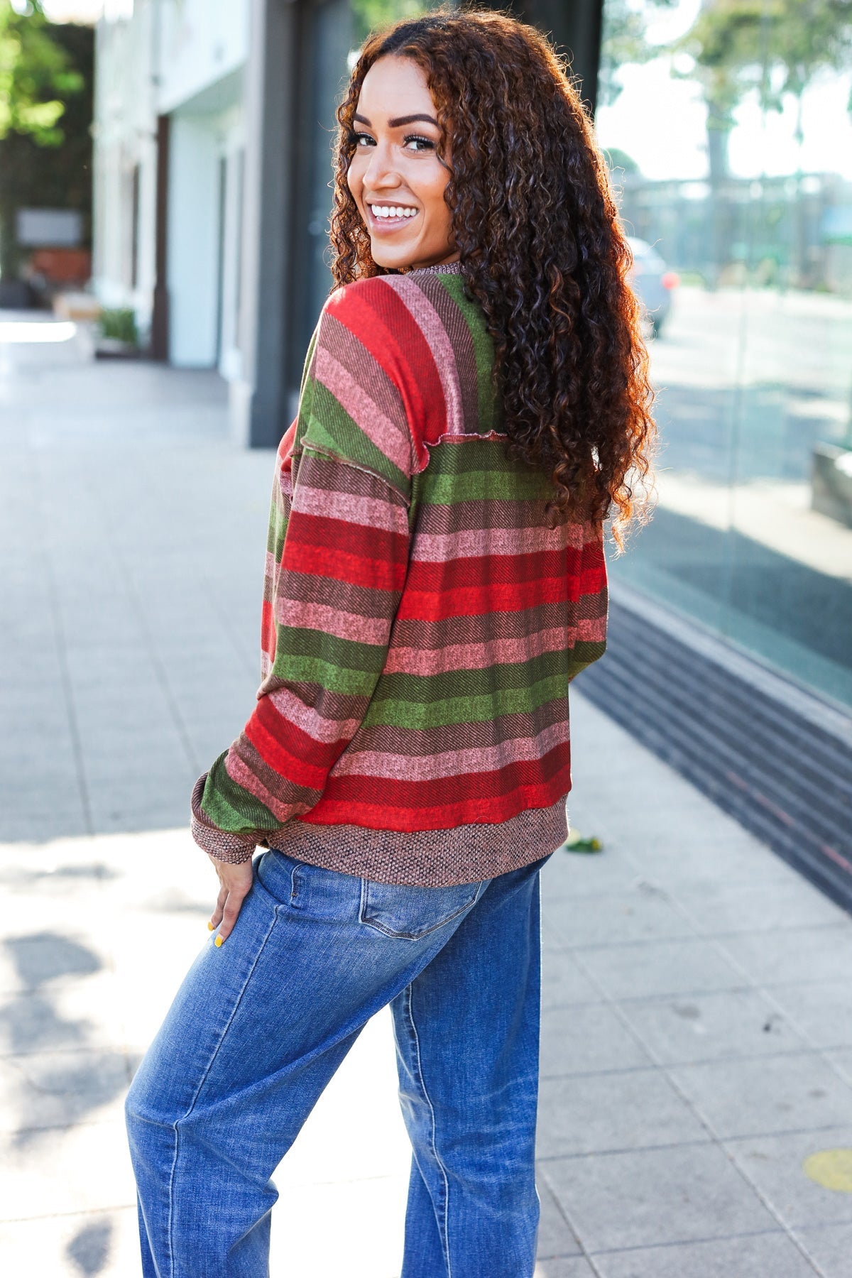 Stylish Olive & Mauve Striped Two-Tone Banded Sweater Top for Women | Casual Fall Fashion | Perfect for Office Wear & Weekend Outfits