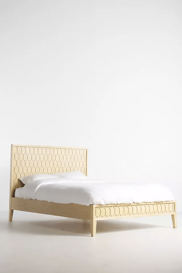 Hand Carved Textured Trellis Wooden Platform Bed - Natural Finish Queen/King Size Bed Frame with Headboard | Modern Farmhouse Bedroom Furniture for Master Bed, Guest Room & Dorm