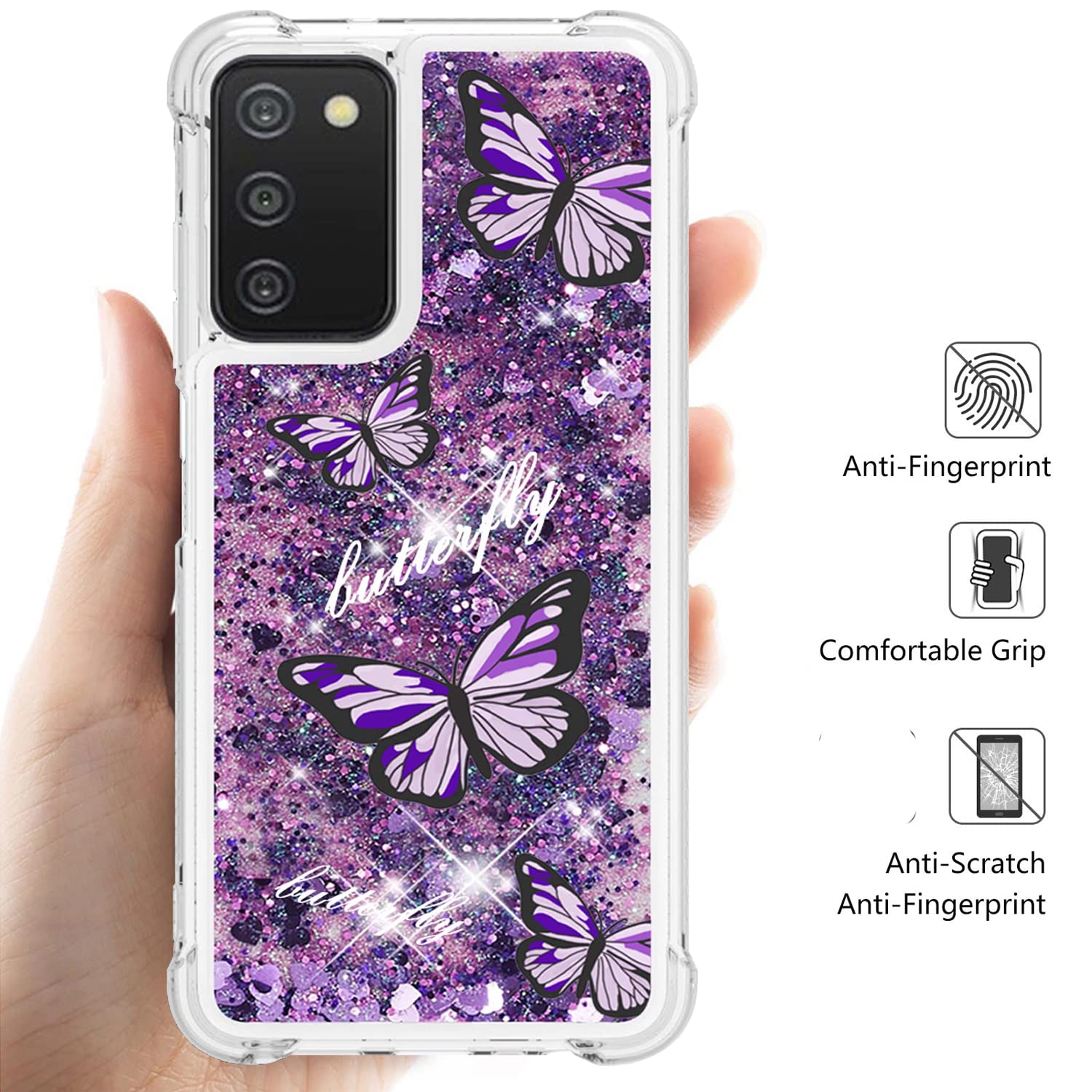 Samsung Galaxy A03S Case with Tempered Glass Screen Protector - Cute Glitter Bling Soft TPU Protective Phone Cover for Women & Girls (Purple Butterfly) - Perfect for Everyday Use, School, and Work