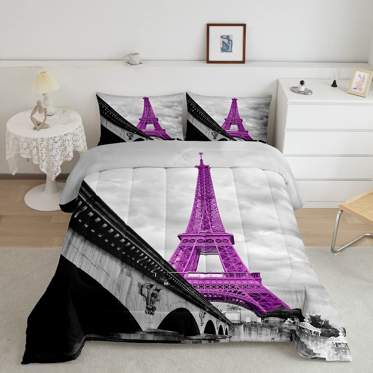 Feelyou Paris Themed Comforter Set - Twin Size Purple Eiffel Tower Bedding with Gray Cityscape Design | French Inspired Decor for Romantic Bedrooms | Perfect for Paris Lovers, Home Decor & Gift Ideas