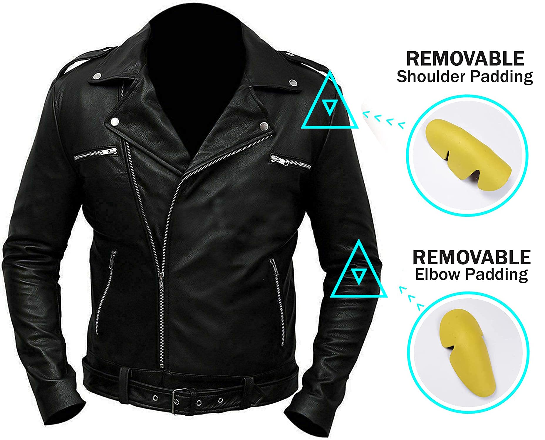 Men's Biker Brando Black Belted Motorcycle Jacket - Genuine Leather with Padding for Safety - Perfect for Riding, Motorcycle Enthusiasts & Casual Streetwear