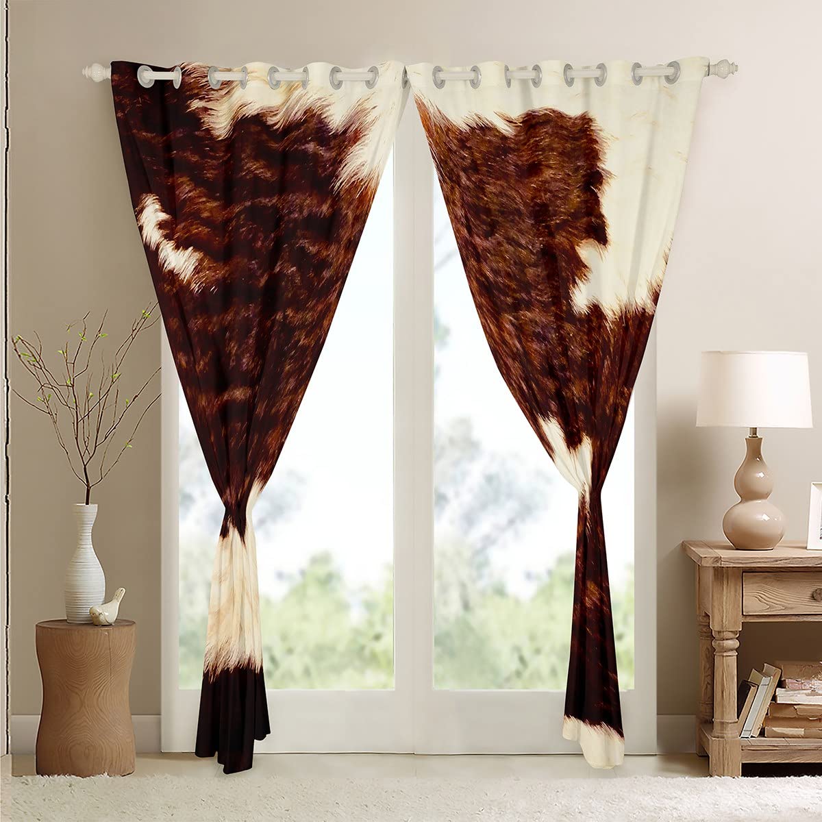 Erosebridal Cow Fur Curtains 42x90 Inches - Brown & White Western Cowhide Window Drapes for Bedroom & Living Room | Rustic Farmhouse Decor, Aztec Animal Print Window Treatments (2 Panels) - Perfect for Western Theme, Ranch Style Homes & Bohemian Interior Design