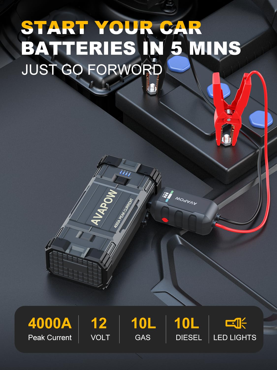 AVAPOW 4000A Peak Car Jump Starter for All Gas & 10L Diesel Engines - 12V Portable Booster Power Pack with LED Light & USB Quick Charge 3.0 - Emergency Roadside Assistance, Camping, RV Travel Power Backup