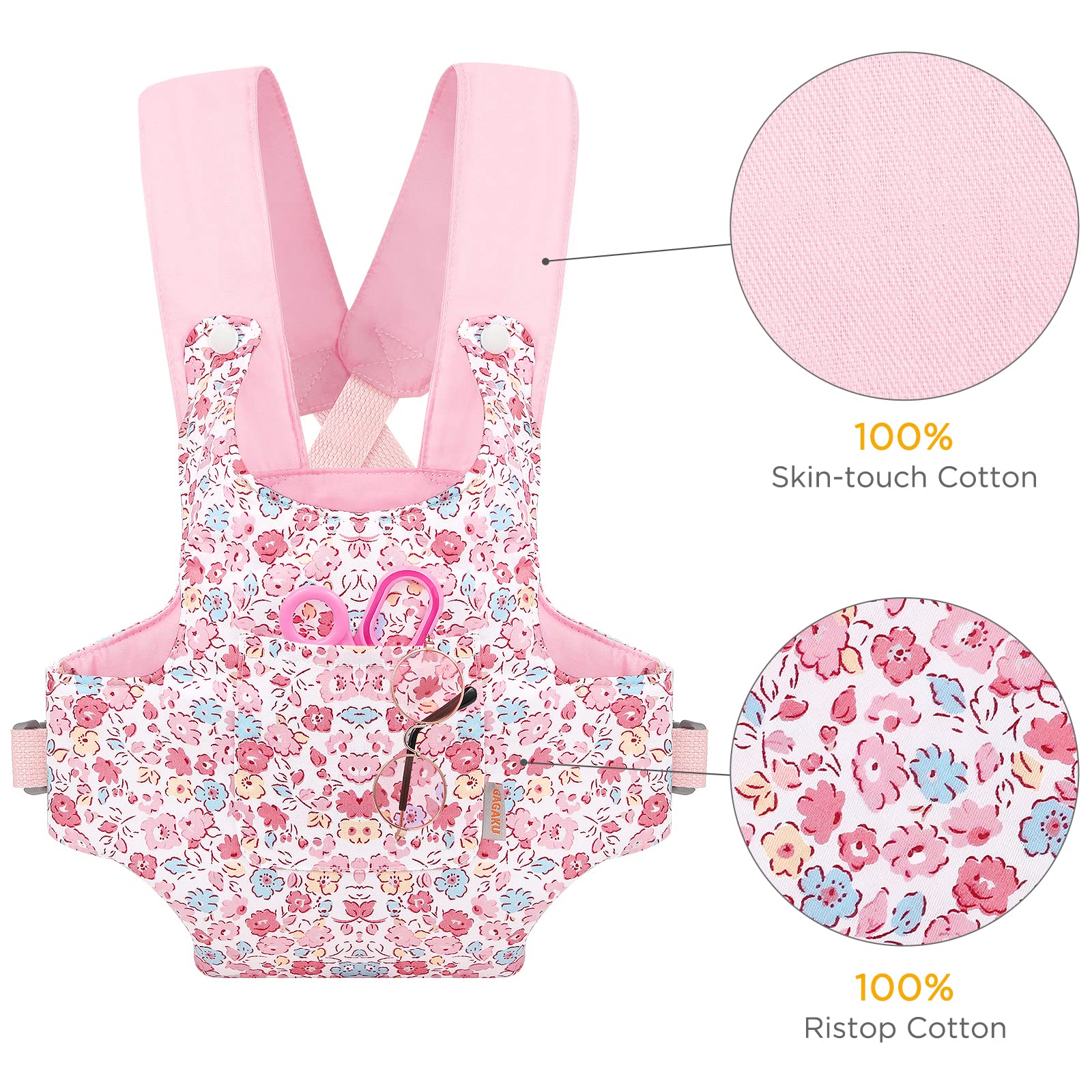 GAGAKU Adjustable Baby Doll Carrier for Girls - Soft Stuffed Animal Carrier with Comfortable Straps Fits 12 to 20 Inch Reborn Dolls (Pink Floral Design) - Perfect for Pretend Play, Tea Parties & Outdoor Adventures