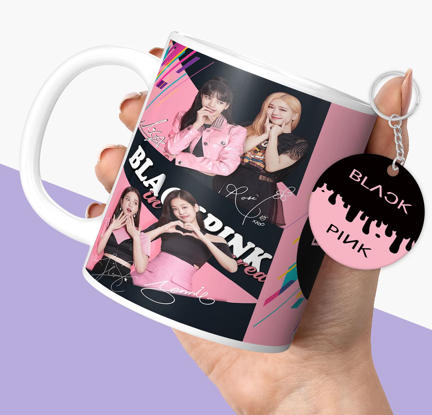Blackpink Signature Ceramic Coffee Mug with Keychain - 350ml HD Printed Microwave Safe White Mug for Girls & Boys - Perfect Gift for K-Pop Fans, Office Use, and Home Decor (Pack of 2)