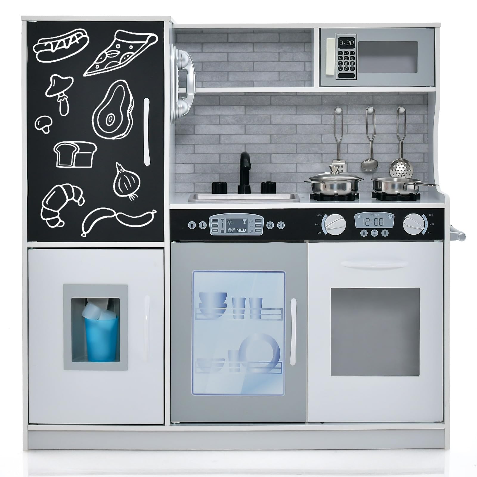 Costzon Wooden Kids Kitchen Playset with Blackboard, Telephone, Microwave & More - Pretend Play Kitchen Toy for Toddlers & Preschoolers Ages 3+ (Grey) | Perfect for Role Play, Birthday Gifts & Early Learning Development