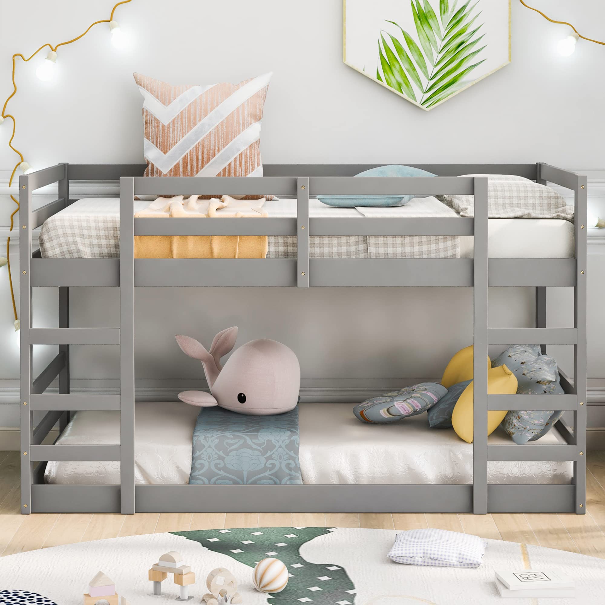 P PURLOVE Twin Over Twin Wooden Low Bunk Bed for Kids & Teens - Sturdy Low Loft Bed with Wood Slats (No Box Spring Needed) - Perfect for Small Bedrooms, Guest Rooms & Kids' Sleepovers