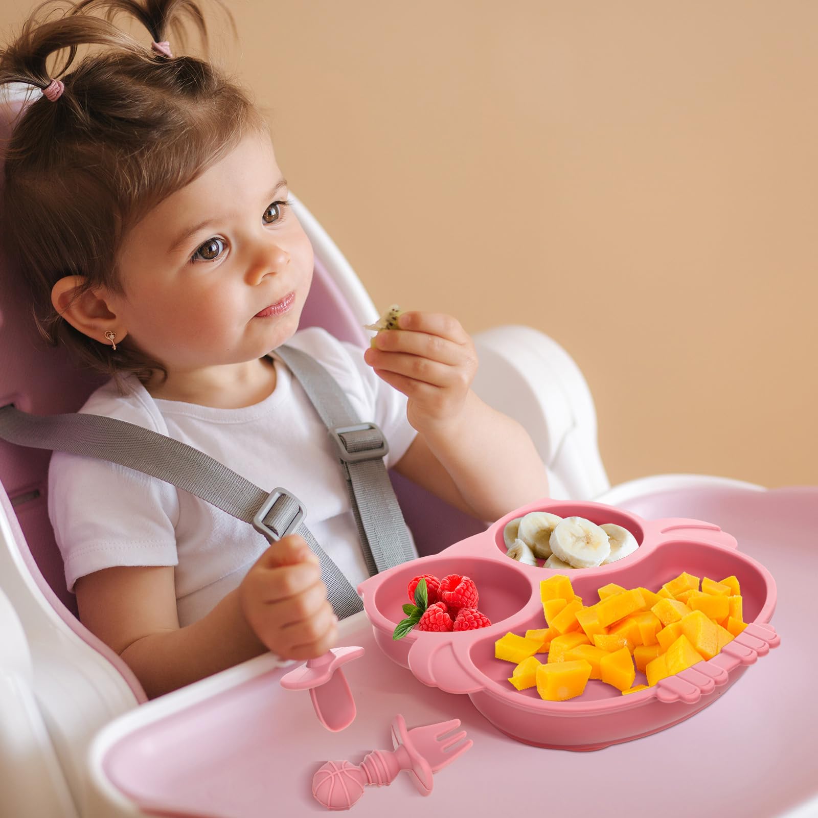 3-Pack Silicone Baby Plates with Spoon & Fork - Owl-Shaped Divided Toddler Dish Set, Microwave & Dishwasher Safe - Beige, Dark Pink, Light Pink - Perfect for Baby-Led Weaning, Mess-Free Mealtime & Travel Feeding