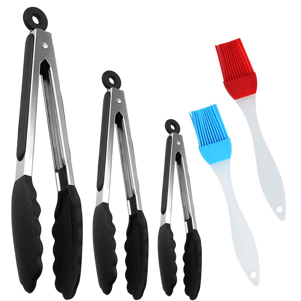 Premium 3-Piece Cooking Tongs Set with 2 Silicone Brushes - 7/9/12 Inch Food Grade Stainless Steel BBQ Tongs for Grilling, Serving Salad, Baking Cakes, Ice Handling & Oven Use - Perfect for Home Kitchen & Outdoor Barbecue