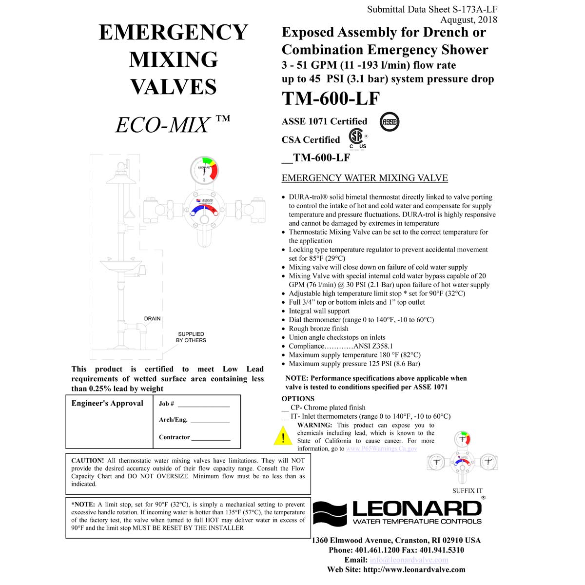 Leonard LF Single Drench Emergency Shower & Combination Thermostatic Mixing Valve - 20 GPM Flow Rate (TM 600 LF) for Industrial Safety & Laboratory Use