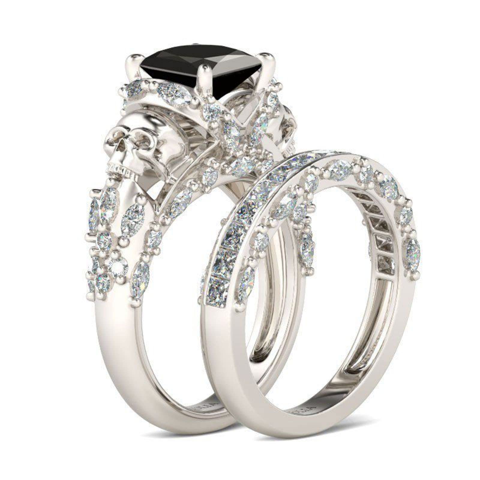 Jeulia Sterling Silver Skull Engagement Ring Set with Princess Cut Cubic Zirconia - Wedding, Anniversary & Promise Rings for Women (Size 6.0 US) | Gothic Bridal Jewelry, Unique Proposal Gift, Couples Matching Bands