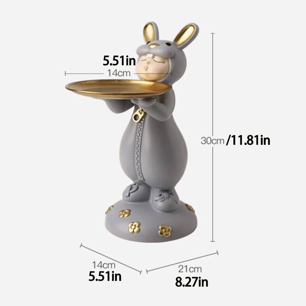 Stylish Ceramic Rabbit Girl Figurine with Round Metal Tray - Cute Animal Statue for Home Decor, Coffee Table Centerpiece & Entryway Key Organizer (Gray) - Perfect for Living Room, Bedroom & Office Desk Decorations