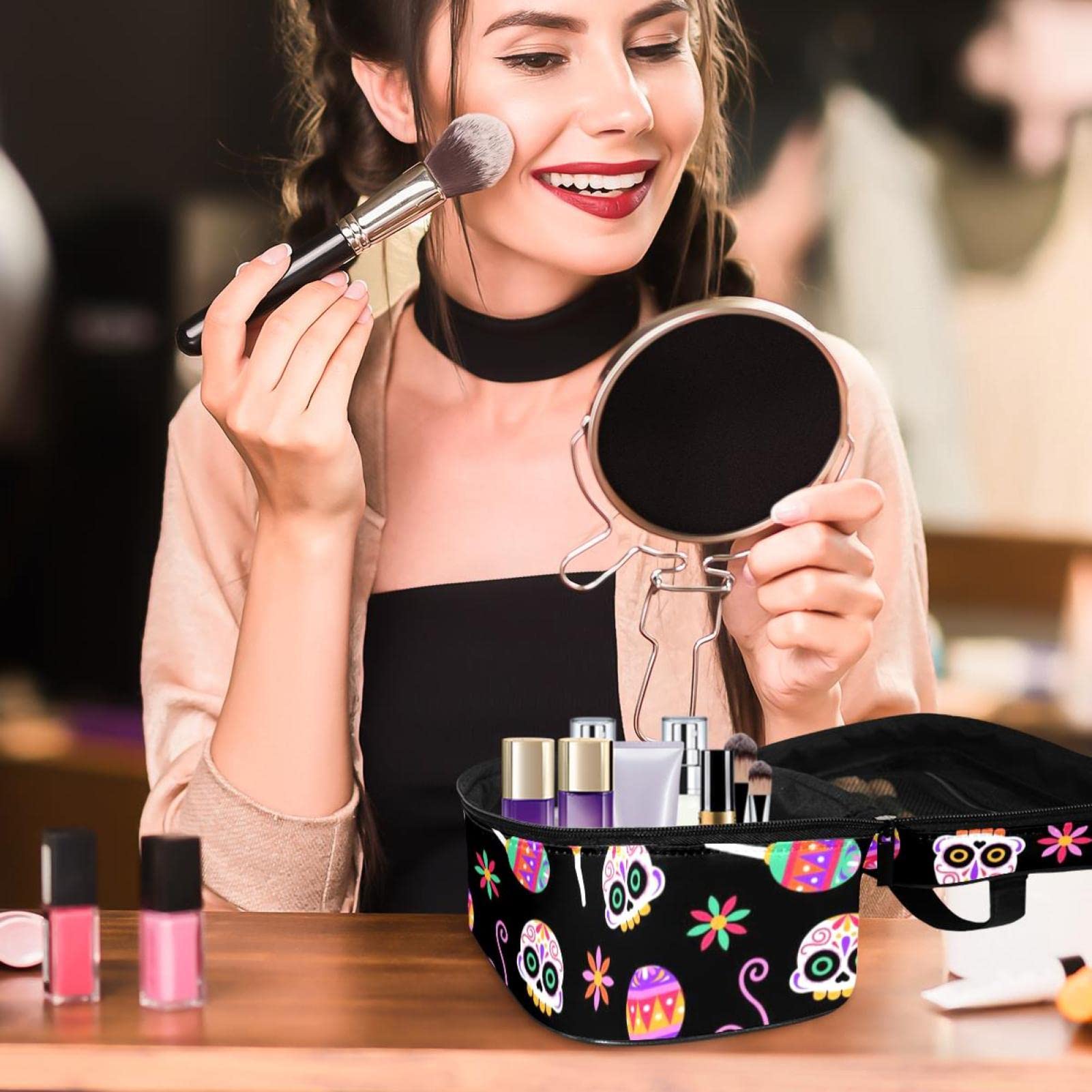 Vibrant Skull Makeup Bag - Waterproof Travel Toiletry Organizer for Women | Portable Cosmetic Pouch for Gym, Vacation & Daily Essentials Storage