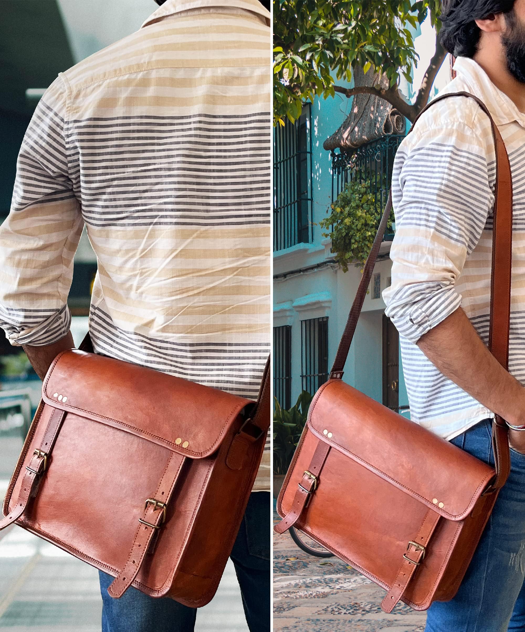 RUSTIC TOWN Genuine Full Grain Leather Messenger Bag for Men & Women - Durable Laptop Satchel Briefcase for Office, Work & Travel - Perfect Business Shoulder Bag for Professionals & Students
