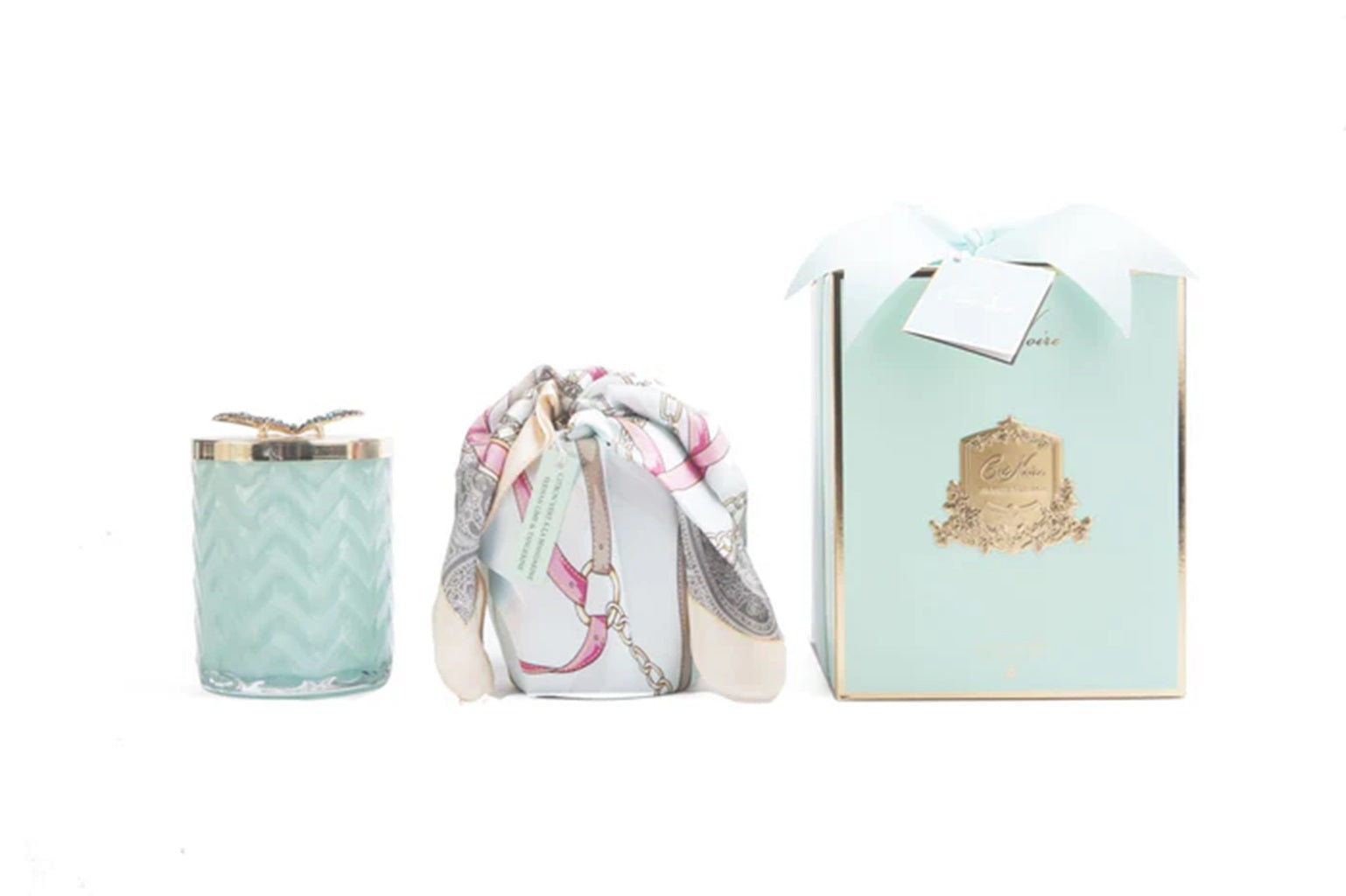 Luxury Cote Noire Tiffany Blue & Gold Herringbone Scented Candle with Silk Scarf & Butterfly Brooch - Persian Lime Fragrance for Home Decor, Wedding Centerpieces & Gift Giving