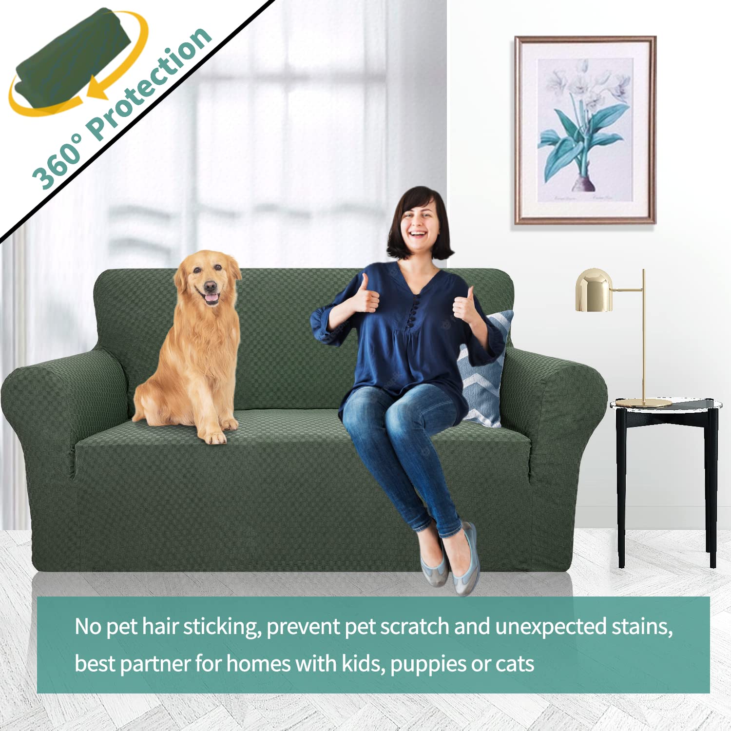 YEMYHOM Jacquard Stretch Sofa Cover for 2 Cushion Couch - Pet Proof, Non Slip Elastic Loveseat Slipcover - Army Green | Perfect for Living Room, Apartment & Pet Owners