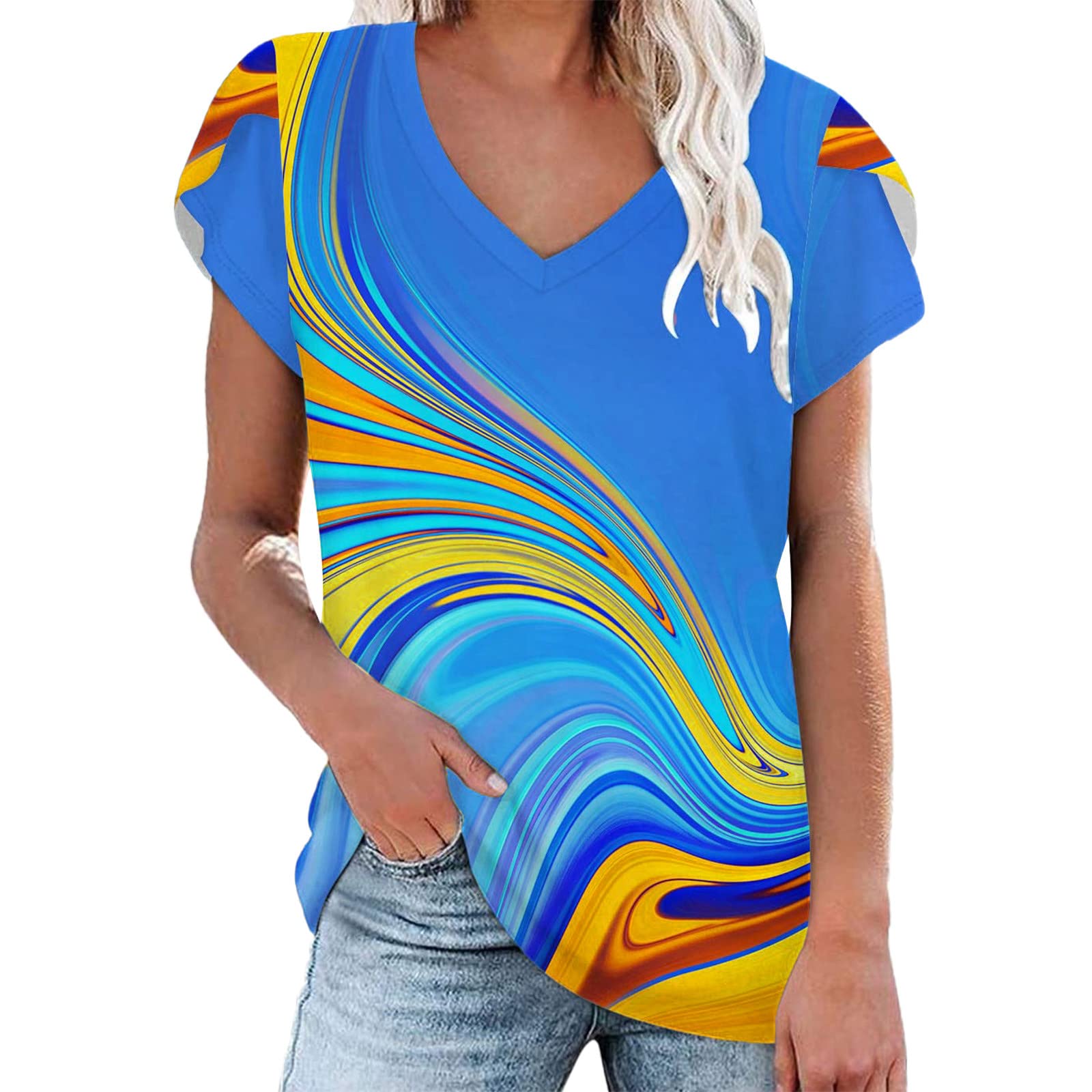 Women's Floral Print V-Neck Casual T-Shirt Blouse with Petal Sleeves - Summer Flowy Top for Women - Perfect for Beach Outings, Date Nights & Everyday Wear