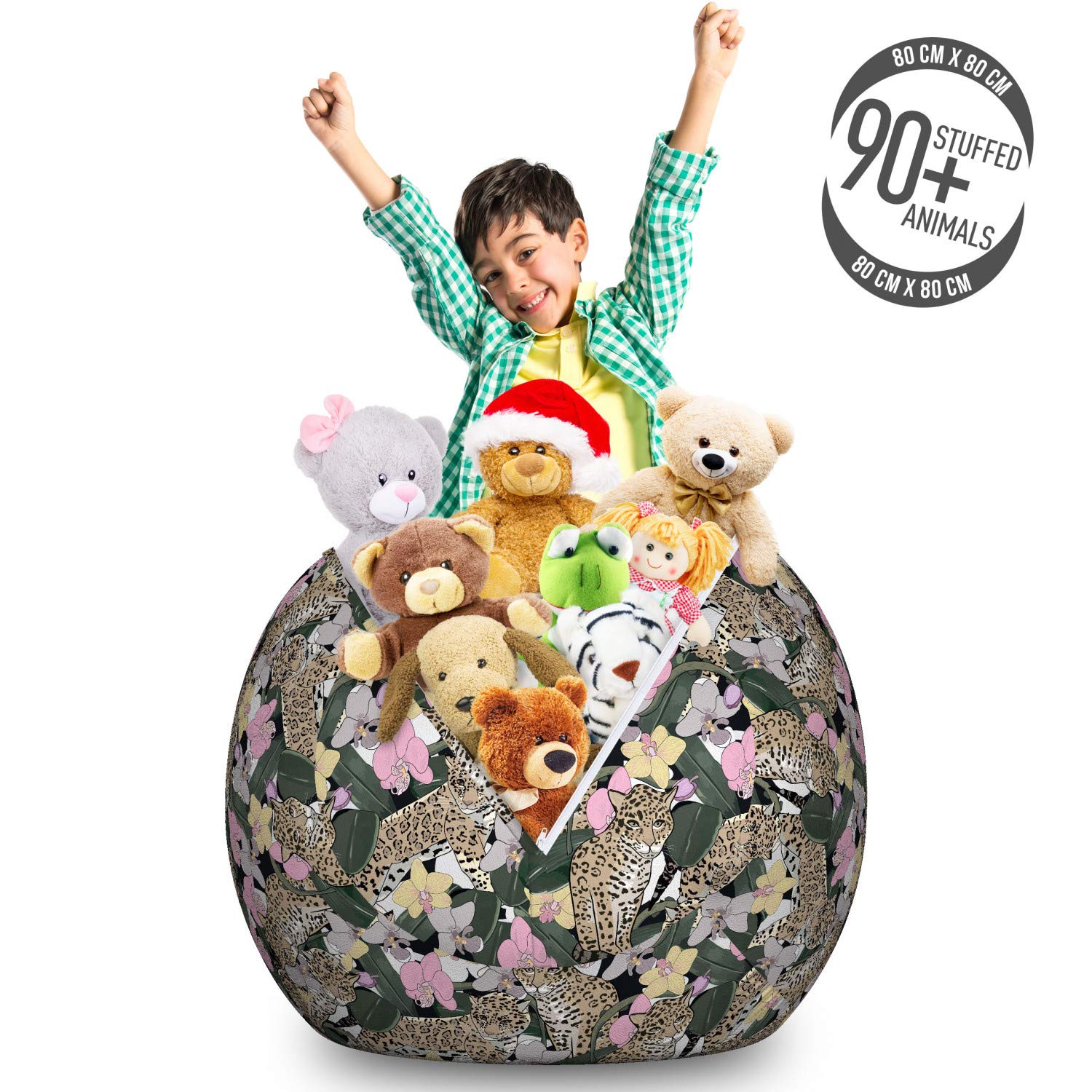 Ambesonne Savannah Storage Toy Bag Chair - Exotic Orchid & Jaguar Rainforest Jungle Wildlife Design, Large Washable Stuffed Animal Organizer, Multicolor - Perfect for Kids' Room, Playroom & Nursery Organization