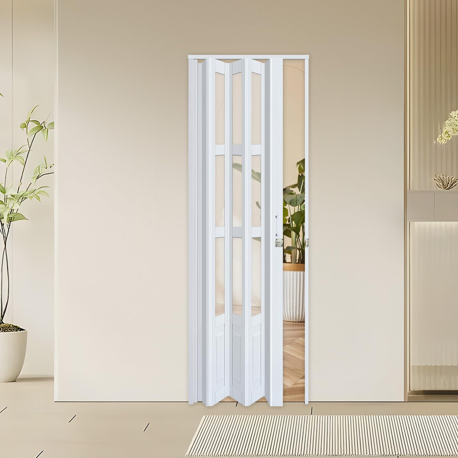 32x80 Inch White Accordion Folding Door with Clear Glass Panels - Interior Closet Door with Hardware & Lock Included - Perfect for Bedrooms, Walk-in Closets, and Room Dividers