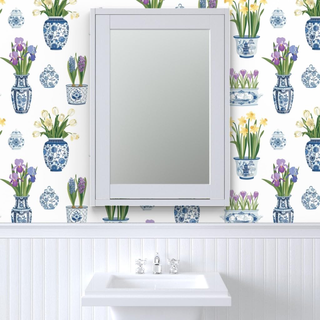 Premium Commercial Grade Wallpaper 27ft x 2ft - Floral Pots, Vases & Tulips Chinoiserie Delft Traditional Design | Spoonflower | Perfect for Living Room, Bedroom & Dining Room Decor