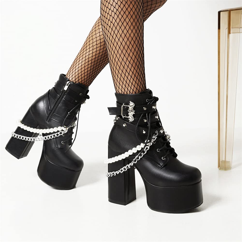 SaraIris Women's Chunky High Heel Platform Boots - Punk Gothic Lace-Up Ankle Boots with Chain & Pearl Decorations (Black) | Perfect for Halloween, Cosplay & Alternative Fashion Outfits