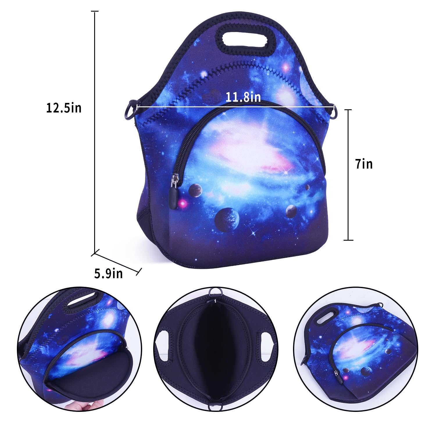 Violet Mist Insulated Neoprene Lunch Bag for Women & Men - Thermal Lunch Tote with Adjustable Shoulder Strap, Extra Pocket & Detachable Design | Perfect for Office, School, Picnics & Outdoor Activities | Galaxy Space Blue Star Sky Pattern