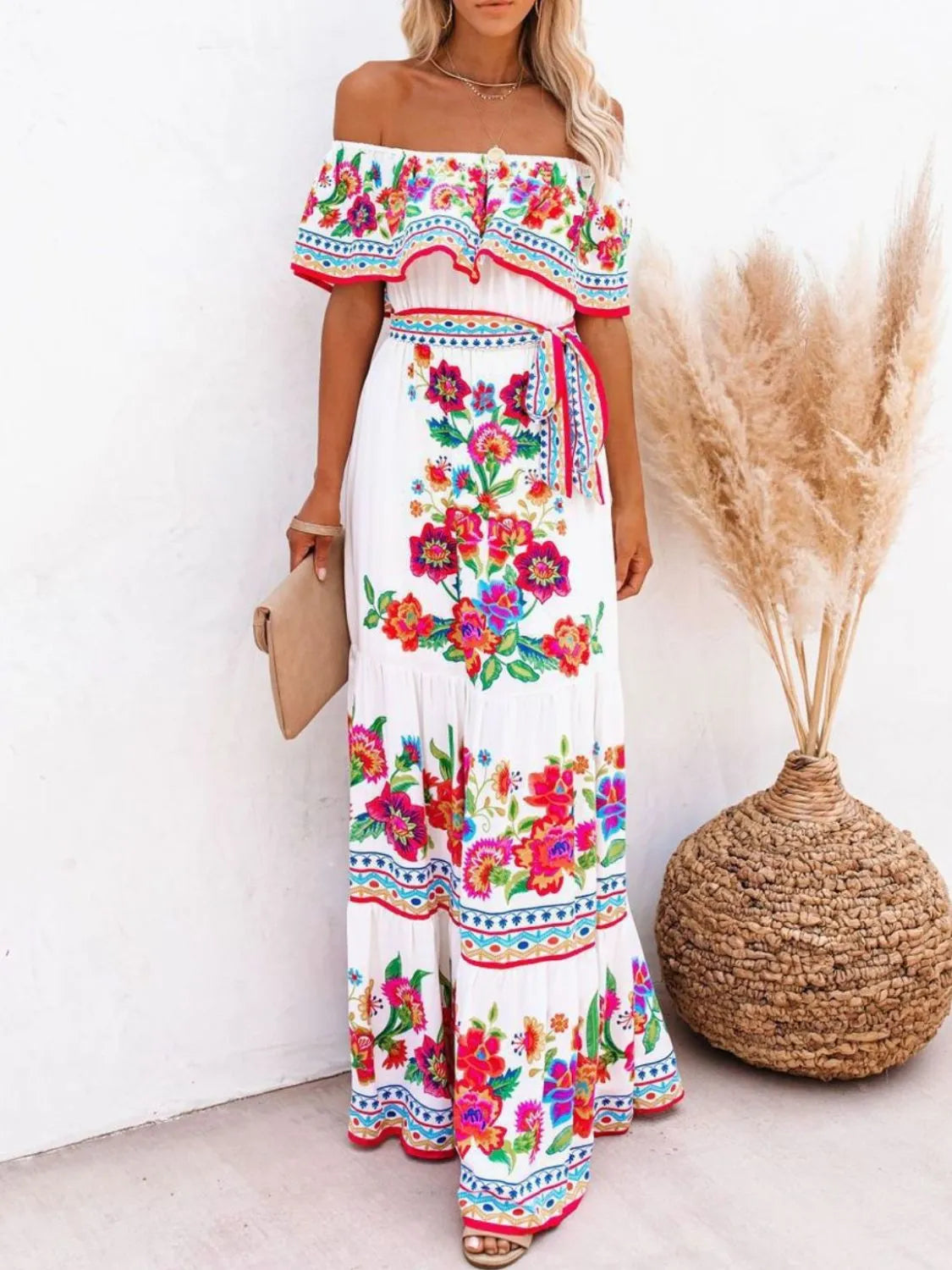 Floral Off Shoulder Ruffle Maxi Dress for Women - Beach Wedding Resort Party Wear - Perfect for Summer Vacations, Tropical Getaways & Boho Photoshoots