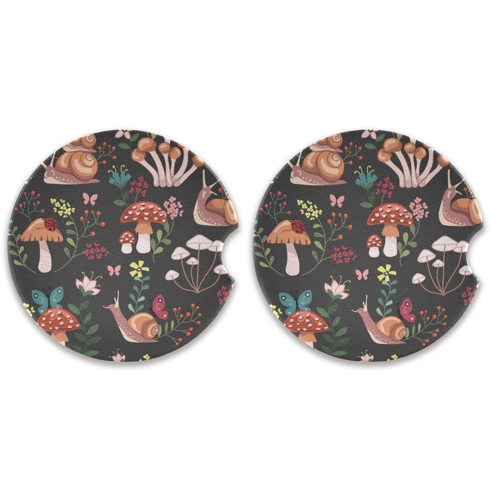 2 Pack Ceramic Car Cup Holder Coasters - Absorbent Drink Coasters for Cars with Snail & Ladybug Design, Non-Slip Fingertip Grip (2.5 Inch) - Perfect for Coffee, Soda & Water Bottles in Vehicles