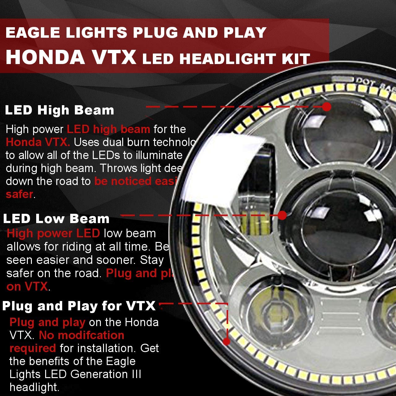 Eagle Lights 5.75 Inch LED Motorcycle Headlight Kit - Plug and Play Chrome Gen III with Halo Ring for Honda VTX 1800 & 1300 (2002-2008) | Includes Bracket & Hardware | Improved Night Visibility for Safer Riding