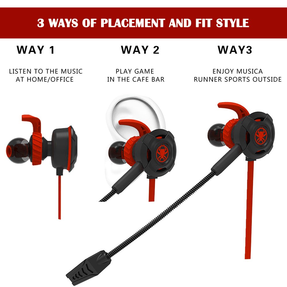 DLAND Wired Gaming Earbuds with Adjustable Mic - Noise Cancelling Headphones for PS4, Xbox, PC, Laptop & Smartphones - Soft Comfort Design, Inline Controls & Portable Case (Red) - Perfect for Esports, Online Gaming & Hands-Free Calling