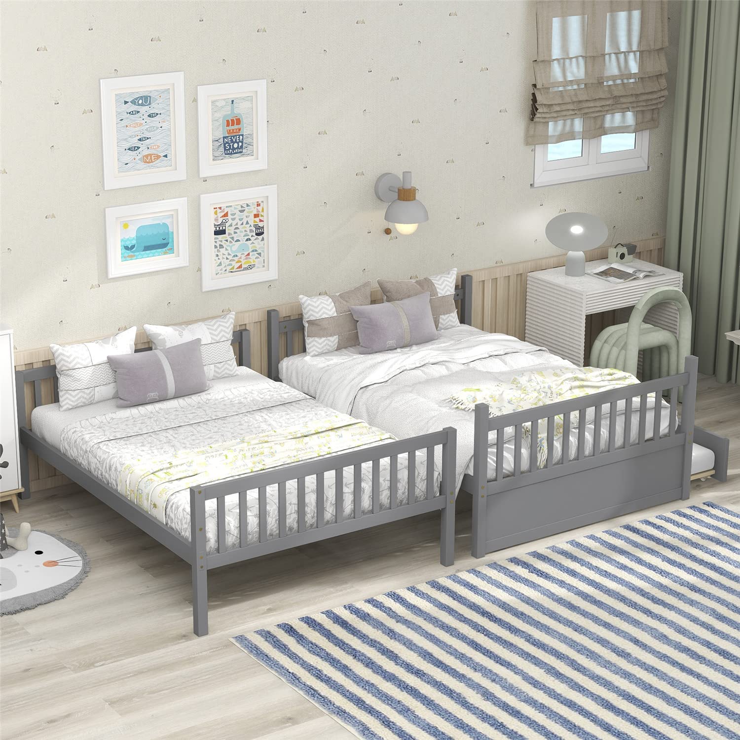JINS&VICO Full Over Full Bunk Beds with Trundle - Convertible Wood Bunk Bed Frame with Safety Guardrail & Ladder for Teens & Adults - Converts to 2 Platform Beds - Gray - Perfect for Small Spaces, Guest Rooms & Kids' Bedrooms