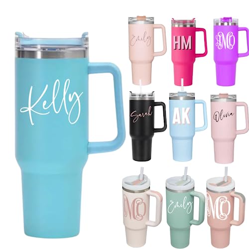 40oz Personalized Tumbler with Handle & Straw - Custom Insulated Stainless Steel Water Bottle for Women - Beach, Gym, Office, Travel - Great Gift Idea (Ocean Design)