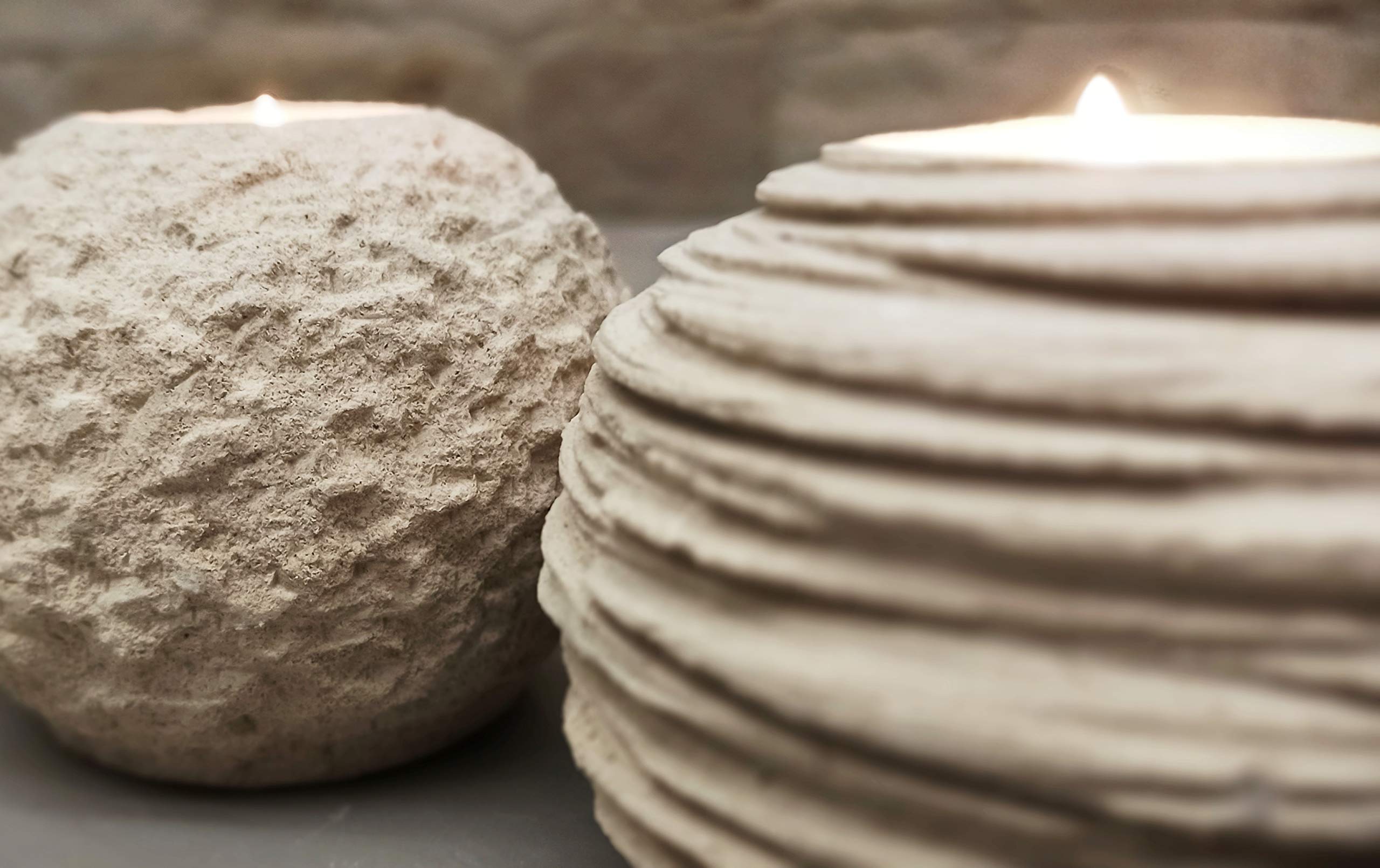 Set of 2 Handmade Italian Stone Sphere Candle Holders - Rough & Grooved Design with Gift Box, Candles & Blank Message Card - Home Decor for Shelves, Coffee Tables, Dining Room Centerpieces | Perfect for Romantic Dinners, Wedding Decor & Spa Ambiance