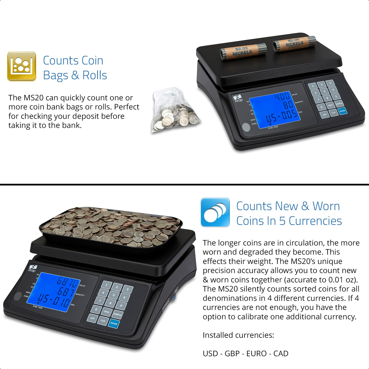 ZZap MS20 Digital Coin Counting Scale - Accurate Money Cash Currency Weighing Machine for Banks, Retail Stores & Home Use