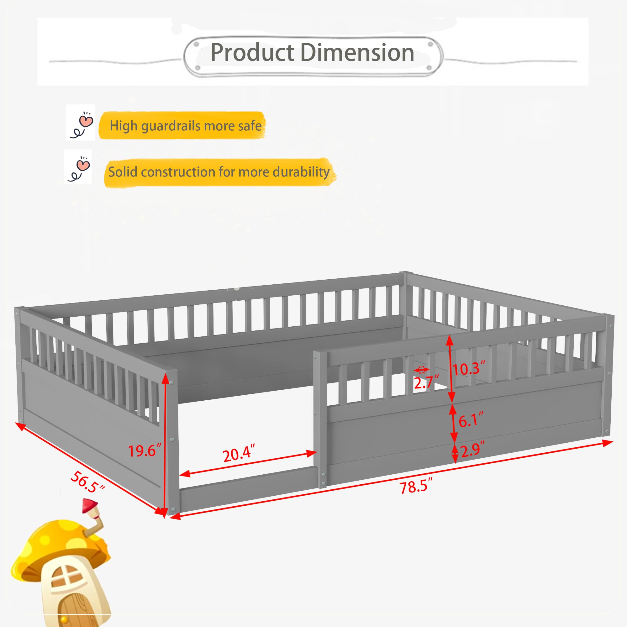 Montessori Floor Bed for Kids - Full Size Wooden Playhouse Bed with High Safety Railings for Baby Boys, Girls & Teens - Gray (No Slats Included) - Perfect for Montessori Bedrooms, Playrooms & Safe Toddler Sleep Spaces