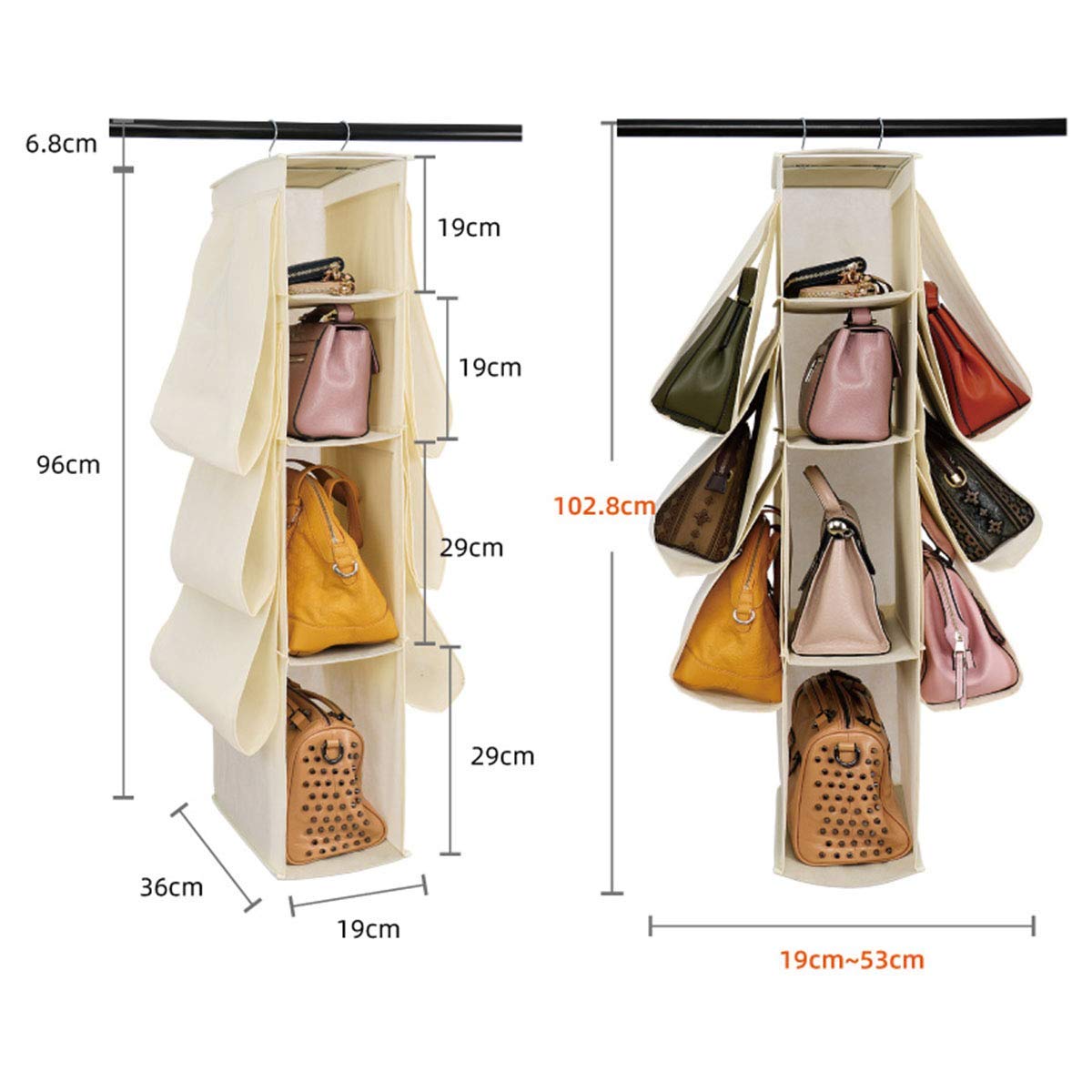 10-Pocket Hanging Purse Organizer for Closet - Nonwoven Handbag Storage Solution with Durable Hooks - Perfect for Bedroom, Closet & Travel Organization (Light Grey)