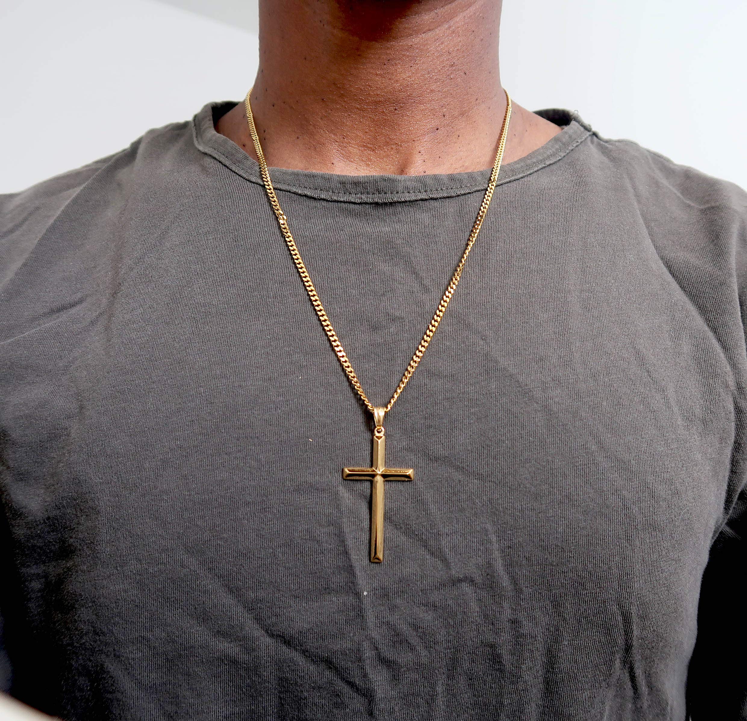 24K Gold Plated Cross Pendant Necklace for Men - 3MM Thin Miami Cuban Link Chain with Diamond Cut & Beveled Edge - Religious Jewelry Gift for Baptism, Confirmation & Everyday Wear
