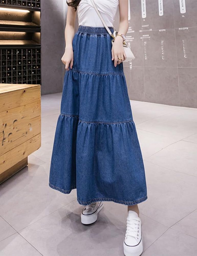 Women's A-Line Flare Denim Jean Skirt with Ruffle Hem & Elastic Waist - Casual Long Skirt for Women, Perfect for Spring, Summer, and Fall Outfits