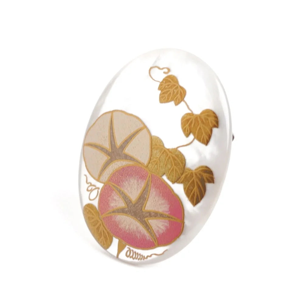 Exquisite Maki-e Urushi Lacquer Brooch with White South Sea Pearl Shell - Handcrafted Japanese Morning Glory Floral Jewelry in Pink | Traditional Artisan Accessory for Weddings, Tea Ceremonies & Special Occasions
