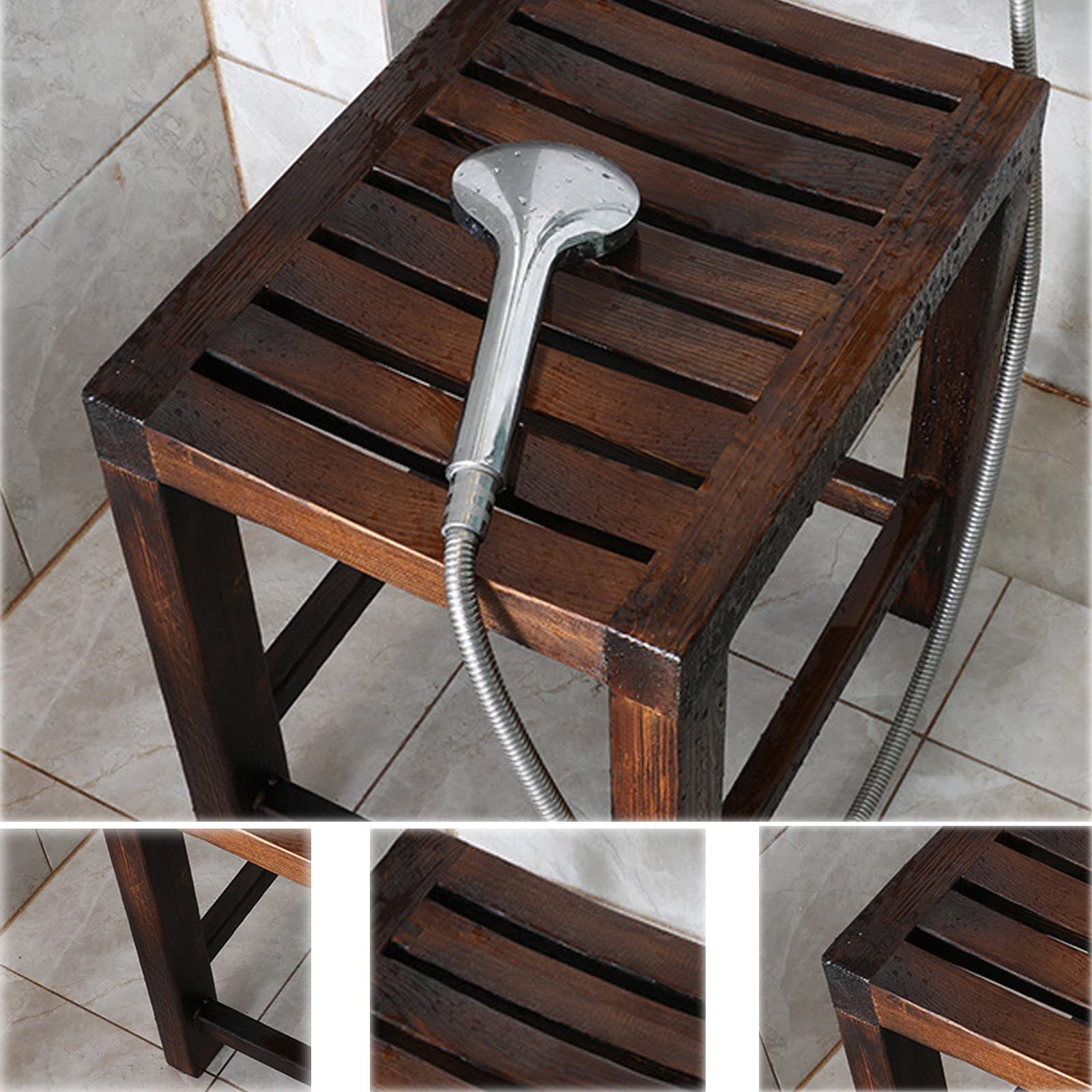 Waterproof Wooden Shower Stool for Adults - Non-Slip Bath Chair with Backrest for Elderly & Seniors - Spa Bathtub Stool for Bathroom, Living Room & Garden Use (42x28x35cm) - Ideal for Relaxing, Changing Shoes & Safe Bathing