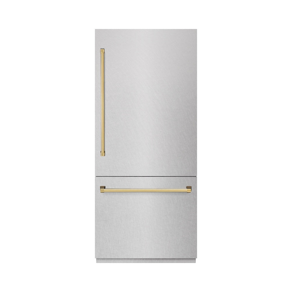 ZLINE Autograph Edition 36 Inch Built-In Bottom Freezer Refrigerator - 19.8 cu.ft Capacity, Water Dispenser & Ice Maker - Satin Stainless Steel with Polished Gold Accents (RBITZ SN 36 G) - Perfect for Modern Kitchens, Open Concept Homes & Luxury Appliances Collection
