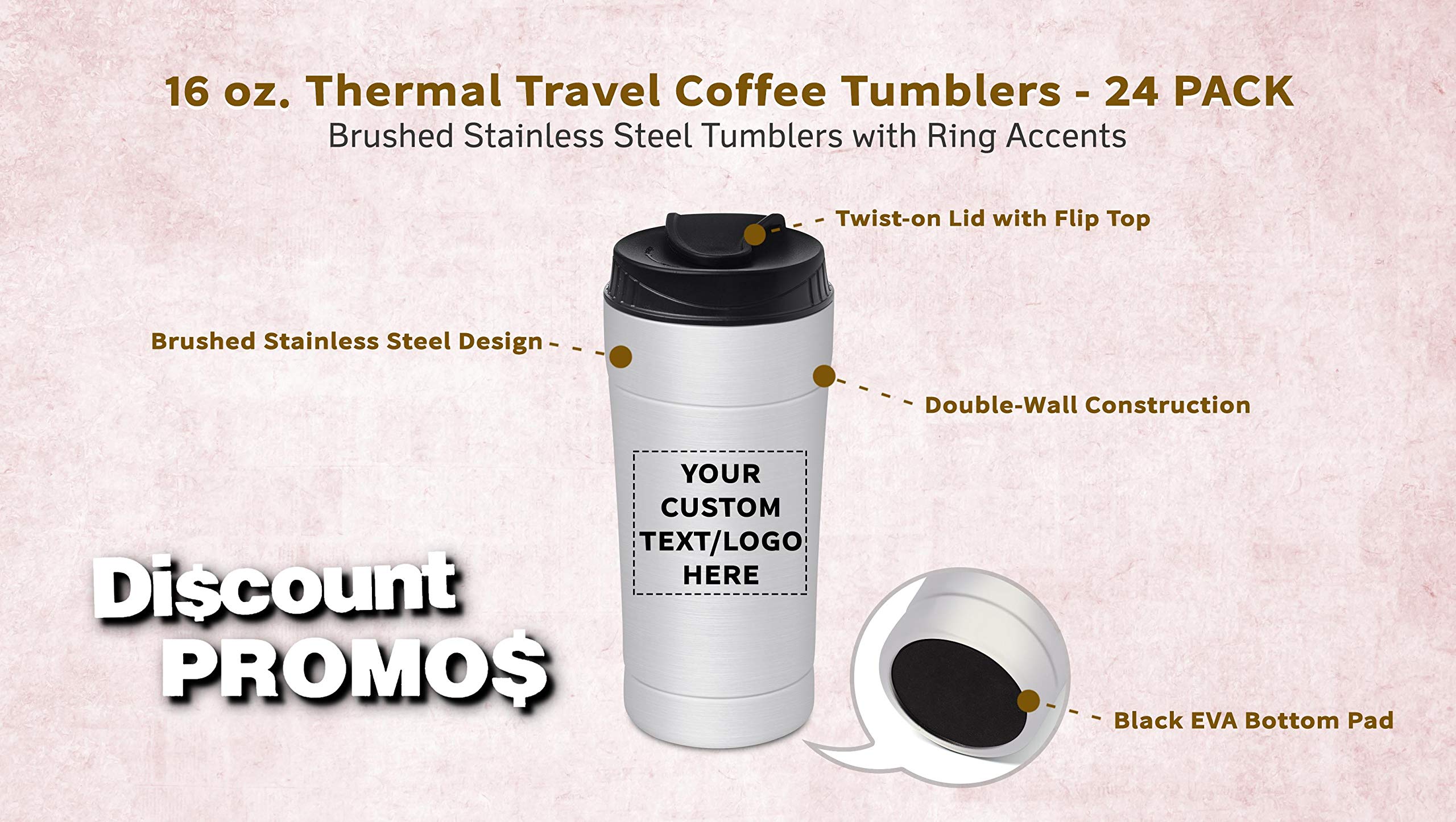 Custom 16oz Insulated Travel Coffee Tumblers with Personalized Text/Logo - 24 Pack Stainless Steel Vacuum Mug - Perfect for Office Gifts, Corporate Events & Outdoor Adventures
