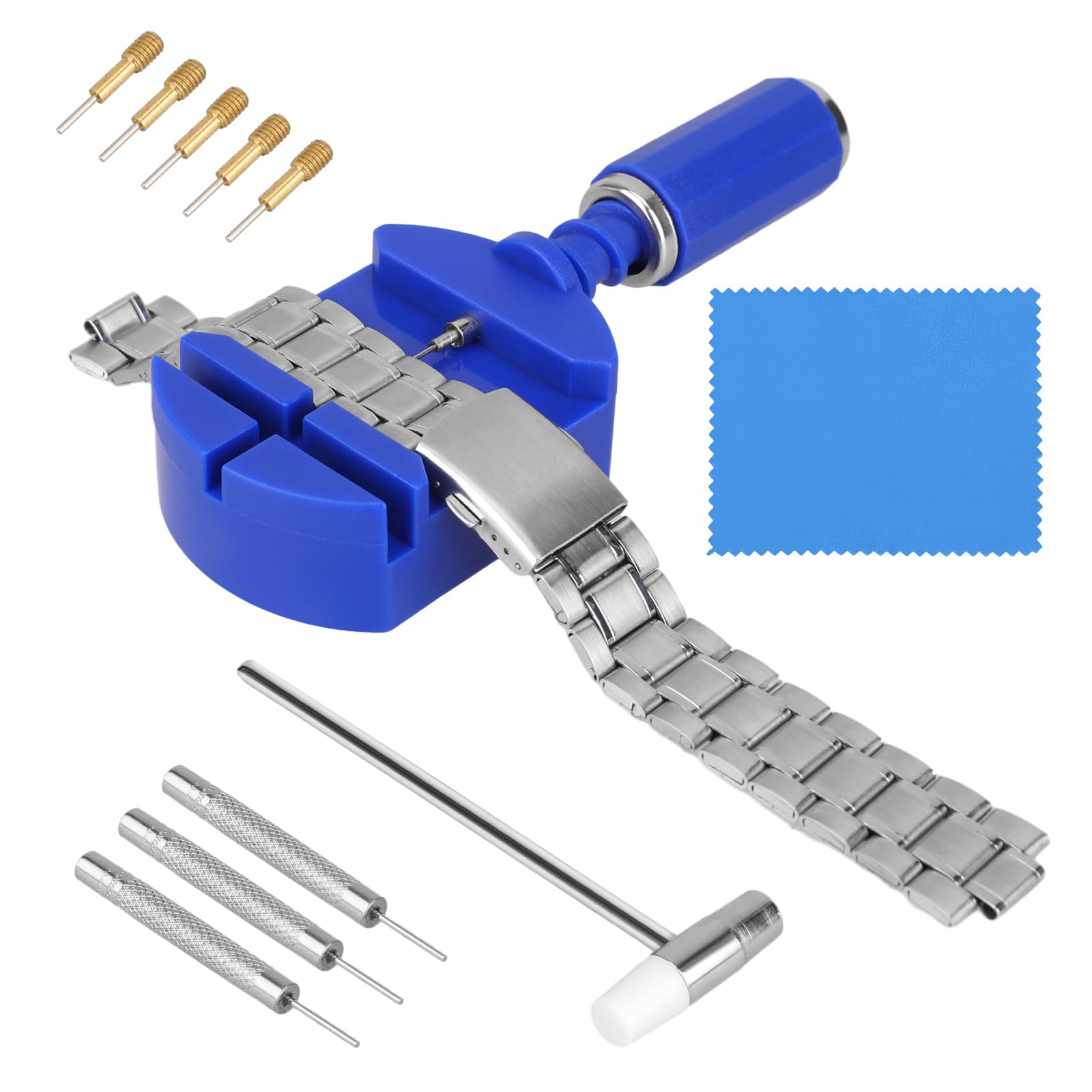 **11-Piece Watch Link Removal Tool Kit - Watch Band Adjuster with Pin Pusher, Pins & Hammer for Bracelet Sizing & Repair | Perfect for DIY Watch Strap Adjustment & Maintenance**    *(Use Case: Ideal for resizing metal watch bands, replacing watch pins, and performing quick watch repairs at home or professionally.)*
