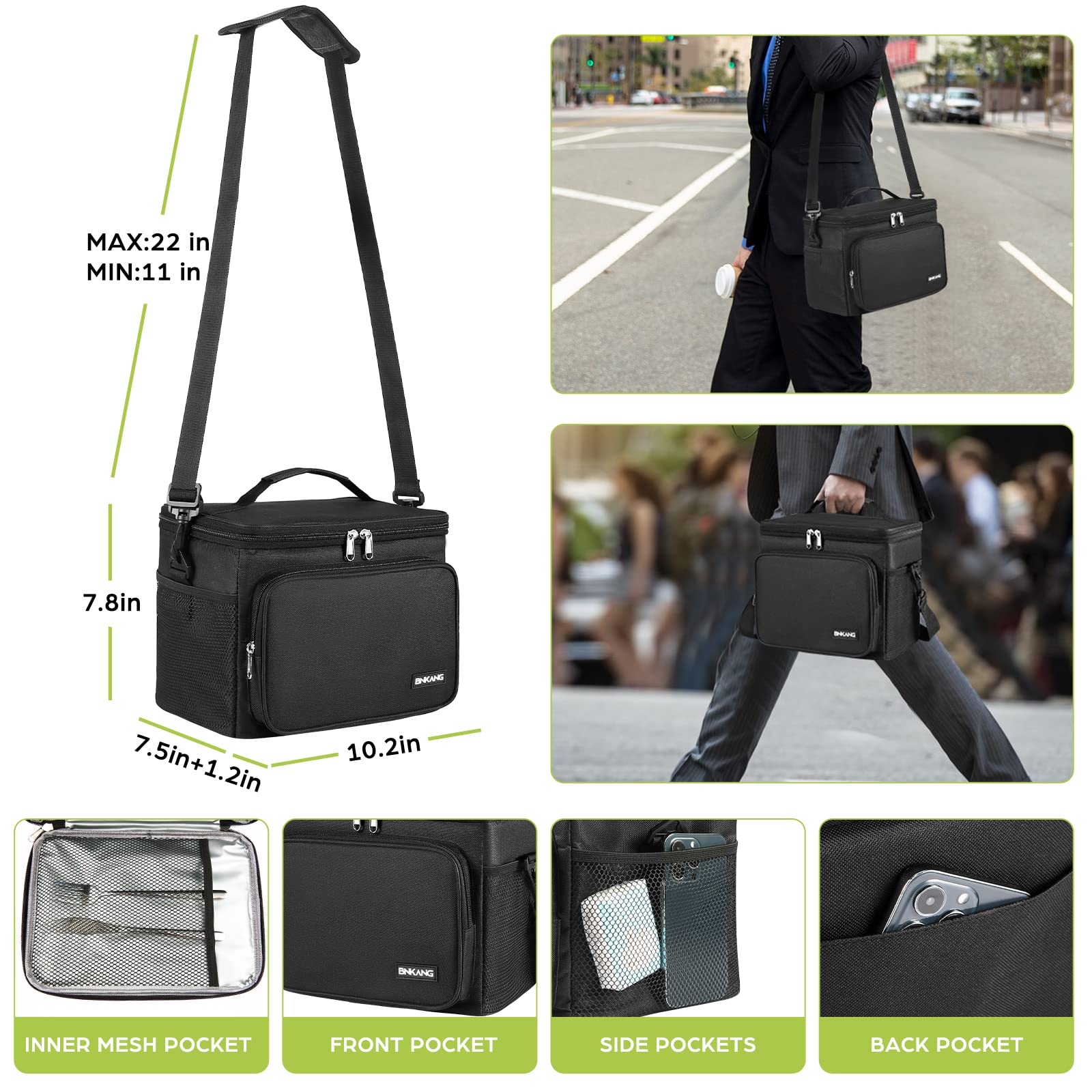 Insulated Lunch Bag for Men & Women - Reusable Leakproof Cooler Lunch Box with Adjustable Shoulder Strap (Black) | Perfect for Work, School, Picnics & Outdoor Activities