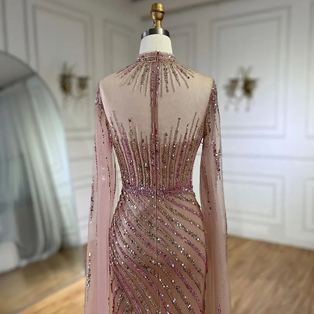 Elegant Pink Cape Sleeves Mermaid Evening Gown with Beaded Details - Luxury Dubai Style Long Dress for Women | Wedding, Party & Special Occasions 2025 LA72449