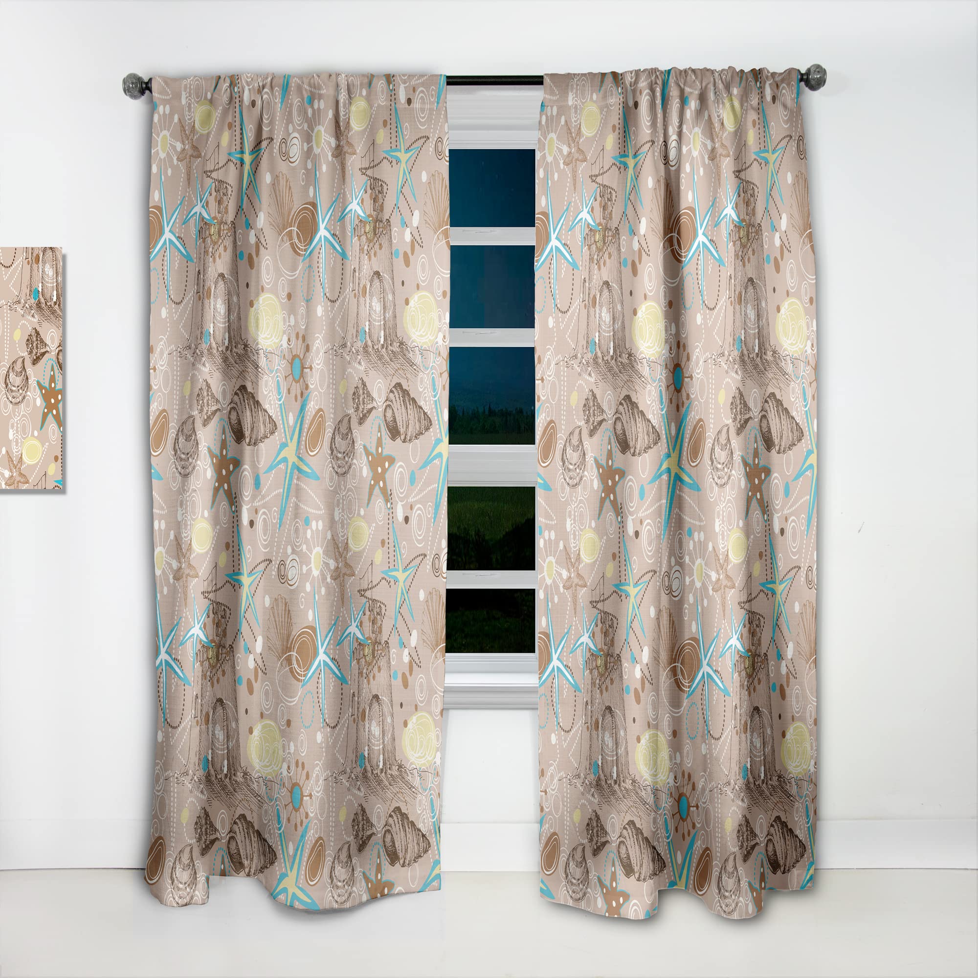 DesignQ Thermal Insulated Beach Themed Curtains with Shells & Sea Stars - Single Panel 52x108 - Perfect for Bedroom & Living Room - Create Coastal Vibes & Energy Efficiency
