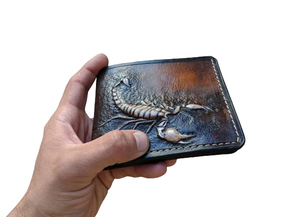 3D Genuine Leather Scorpion Men's Bifold Wallet - Handmade Carved & Tooled Leather Wallet with Airbrush Art - Custom Personalized Gift for Men - Perfect for Everyday Use & Special Occasions