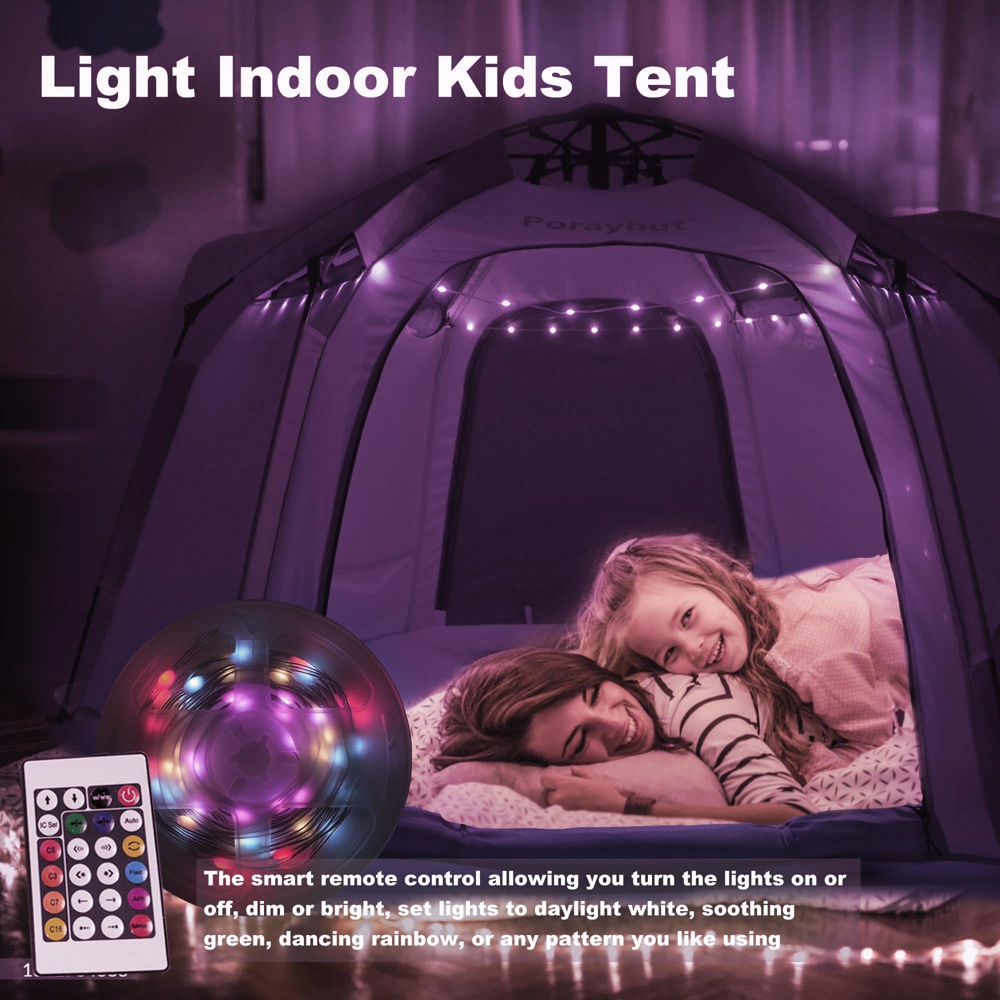 Portable Hexagon Kids Play Tent with LED Strip Lights - Indoor Children's Playhouse, Easy Setup Space Tent for 4-5 Kids | Perfect for Bedroom Play, Birthday Gifts & Dreamy Nighttime Adventures