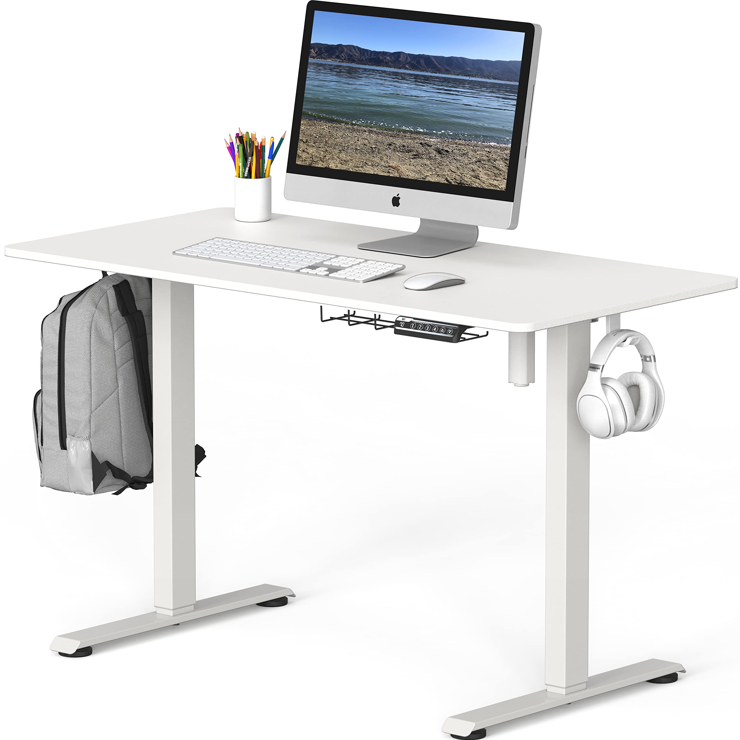 SHW 48-Inch Electric Height Adjustable Sit to Stand Desk with Hanging Hooks & Cable Management, 122 x 60cm White - Perfect for Home Office, Gaming & Workspace Ergonomics